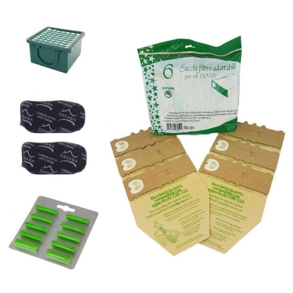 KIT RICAMBI FOLLETTO VK130/VK131 RICAMBIO PLUS Kit Folletto sacchetti microfiltri profumatori Ricambi compatibili VK130 VK131 - immagine 1