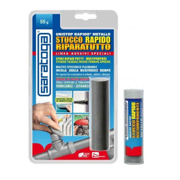UNISTOP STUCCO RAPIDO RIPARATUTTO GR55 SARATOGA Unistop Rapido Riparatutto Metallo Saratoga Mastice Epossidico Bicomponente 55gr - immagine 1