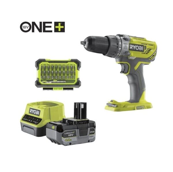 TRAPANO AVVITATORE RYOBI A PERCUSSIONE BATTERIA R18PD3-140SA 1 BATTERIA 18 VOLT 4 Trapano avvitatore a batteria 4Ah con percussione Ryobi 18V + set accessori - immagine 1